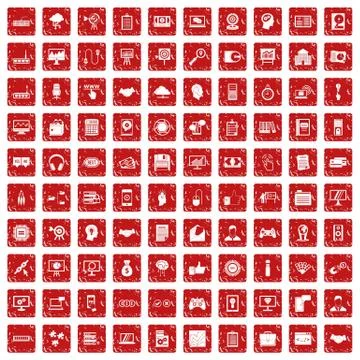 100 web development icons set grunge red Stock Illustration