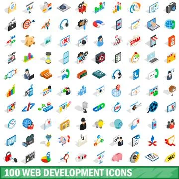 100 web development icons set, isometric 3d style Stock Illustration