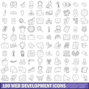 100 web development icons set, outline style イラスト素材