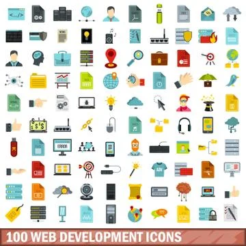 100 web development icons set, flat style Illustrazione stock