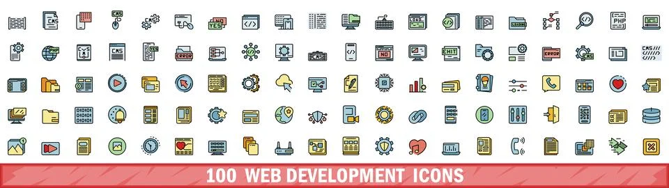 100 web development icons set, color line style Stock Illustration
