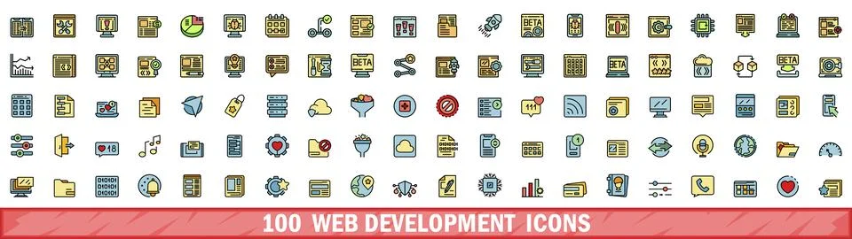 100 web development icons set, color line style 스톡 일러스트