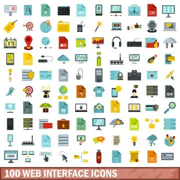 100 web interface icons set, flat style Stock Illustration