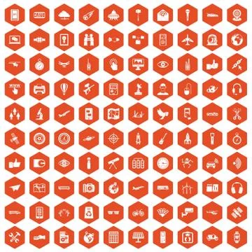 100 wireless technology icons hexagon orange Illustrazione stock