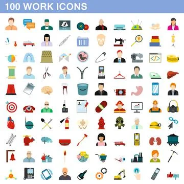 100 work icons set, flat style Illustrazione stock