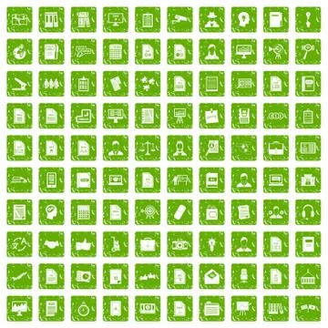 100 work paper icons set grunge green Stock Illustration