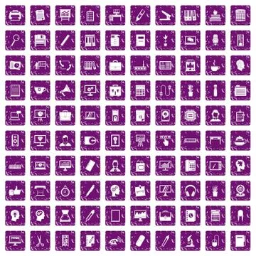 100 work space icons set grunge purple Stock Illustration