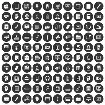100 work space icons set black circle Illustrazione stock