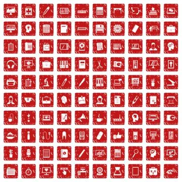 100 work space icons set grunge red Illustrazione stock