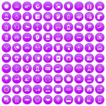100 working hours icons set purple Illustrazione stock