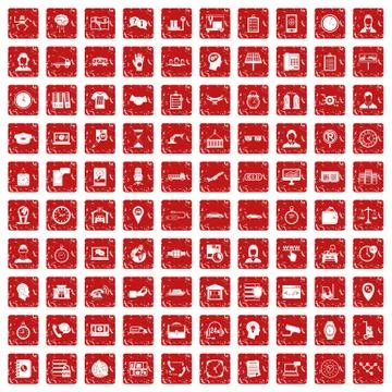 100 working hours icons set grunge red Illustrazione stock