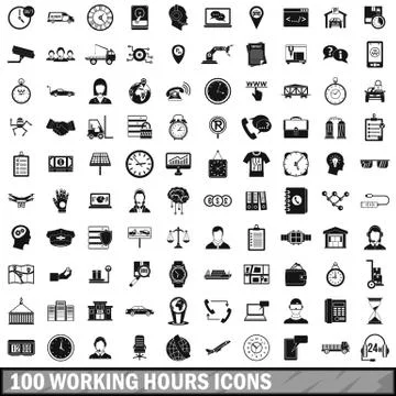 100 working hours icons set, simple style Illustrazione stock