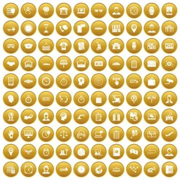 100 working hours icons set gold Illustrazione stock