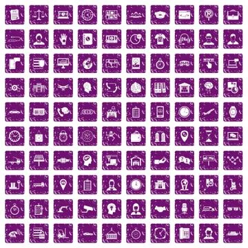 100 working hours icons set grunge purple Illustrazione stock
