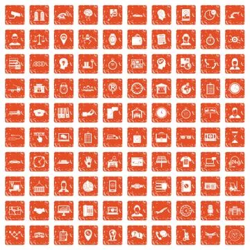 100 working hours icons set grunge orange Illustrazione stock