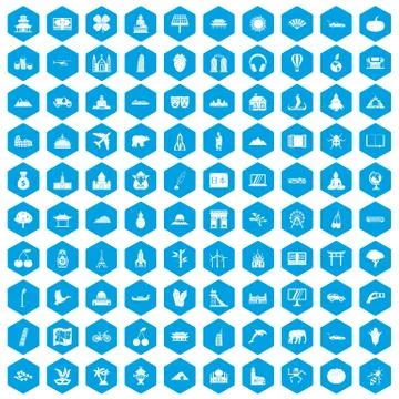 100 world icons set blue Stock Illustration