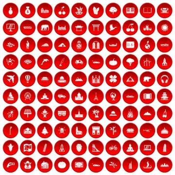 100 world icons set red Stock Illustration