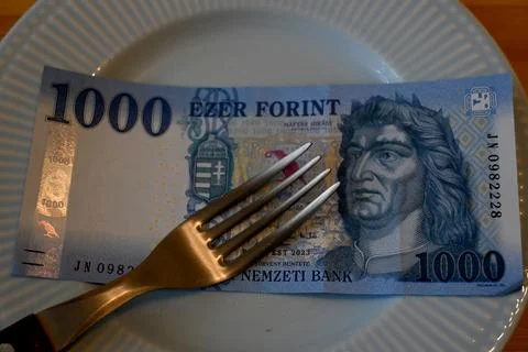 1000 forint on plate with fork Stock Photos