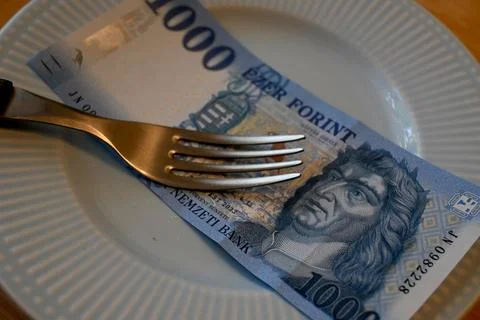 1000 forint on plate with fork 库存照片