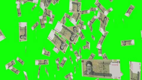 100000 IRANIAN RIAL notes falling Green screen Stock Footage 258457830