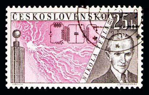 MOSCOW, RUSSIA - MAY 16, 2018: A stamp printed in Czechoslovakia shows Nikola Tesla (1856-1943), Radioinventors serie, circa 1959 xkwx Czechoslovakia, antique, art, circa, correspondence, design, drawing, envelope, famous, heritage, historic, hobby, issue, letter, mail, national, old, philatelic, philately, portrait, post, postage, postal, postmark, series, stamp, vintage, Nikola Tesla, 25, 1959, Radioinventor, Scientist