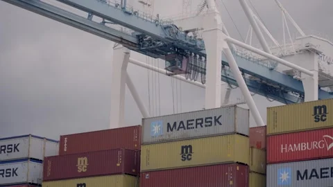 10/07/2023 Crane moving and loading containers on cargo ship in Miami Florida Stock Footage 264344302