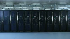Camera Super Zoom Shot of a Working Data Center With Rows of Rack Servers. Led
