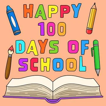 100th Day Of School Text Book Colored Cartoon Stock Illustration