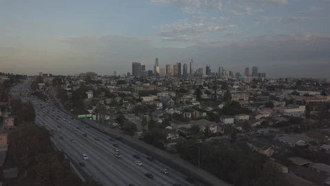101 freeway with downtown L.A. in background at sunset Stock Footage 92335385