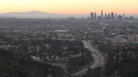 101 Hollywood Freeway Downtown Los Angeles at Sunrise Stock Footage 60152014