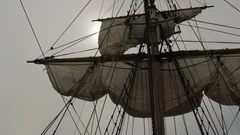 Sailing Tall-Ship, Rigging, Masts And Giant Sails In Sunset