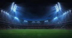 modern grass field stadium evening floodlight illumination zoom out footage