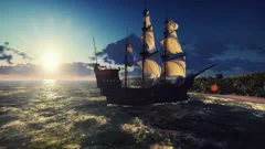 A large medieval ship in the ocean at sunset. An ancient medieval ship docked