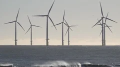 UK March 2019 - Wind turbines spinning at an offshore farm off the coast