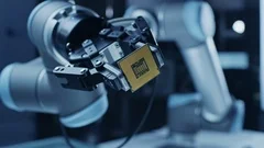 Modern High Tech Authentic Robot Arm Holding Contemporary Super Computer CPU