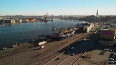 Aerial footage of the river with cranes and the Stena Line ferry terminal