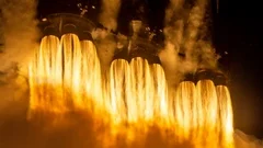 Cinemagraph of rocket engines taking off at night from launch pad