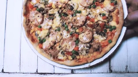 1080i. Served cooked pizza on the table Stock Footage 74900648