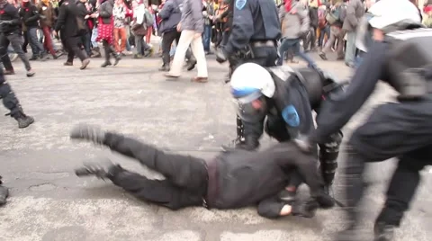 1080p 24fps - Riot officers charge group of rioters violently - HD 1080p Stock Footage 49238953