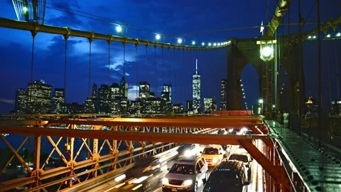 1080p, static night timelapse on the Brooklyn Bridge , NYC, USA, Aug. 21st, 2014 Видео 266015508