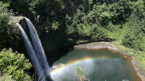 1080p Wailua Falls with rainbow, Kauai, Hawaii Stock Footage