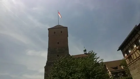 10s Red &amp; White Flag Flying over Castle in Nuremburg, Germany Stock Footage 204720638