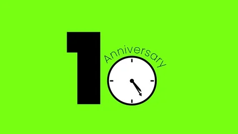 10th Anniversary Concept with Clock Icon and Number One on Green Background Stock Footage 321996753