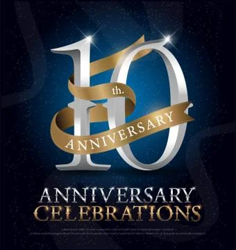 10th years anniversary celebration silver and gold logo with golden ribbon Stock Illustration