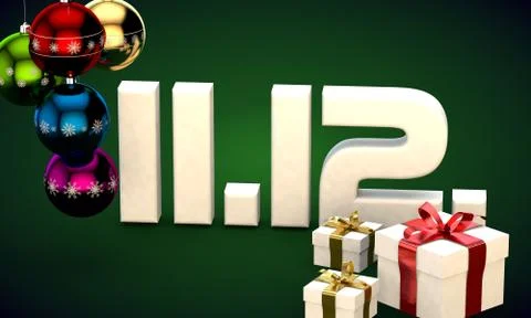 11 12 date calendar gift box christmas tree balls 3d illustration Stock Illustration