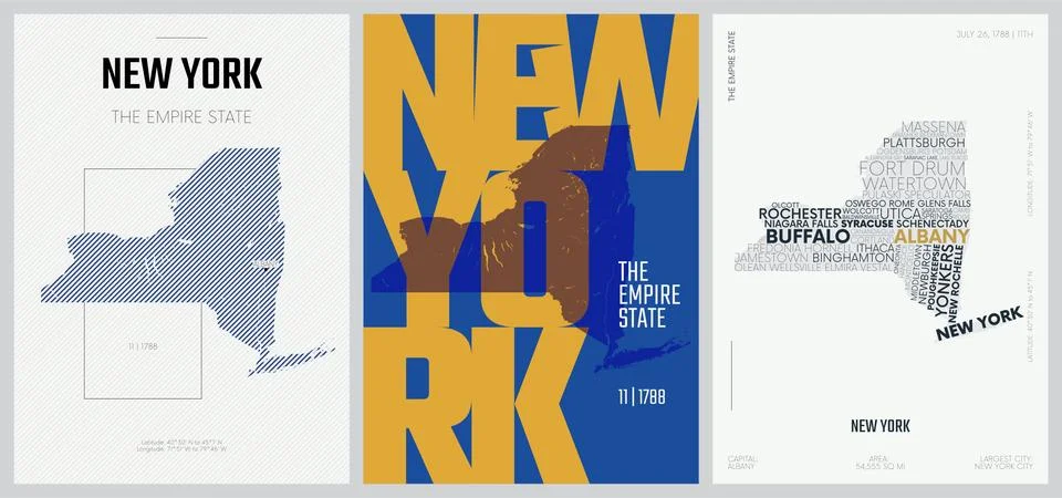11 of 50 sets, US State Posters with name and Information in 3 Design Styles, Stock Illustration