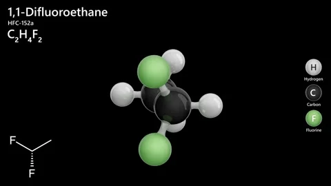 1,1-Difluoroethane or HFC-152a. C2H4F2. Greenhouse gas. Black back. 3D render Stock Footage 288979093