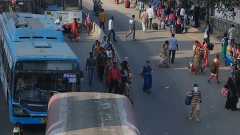 11-High-Angle-View-busy-bus-stop-people-traffic Stock Footage 89420614