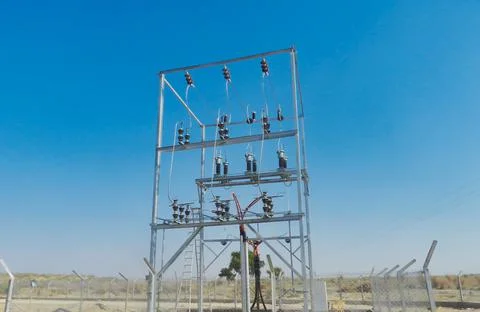 11 kV Four Pole Structure for transmission line used for solar plant Stock Photos