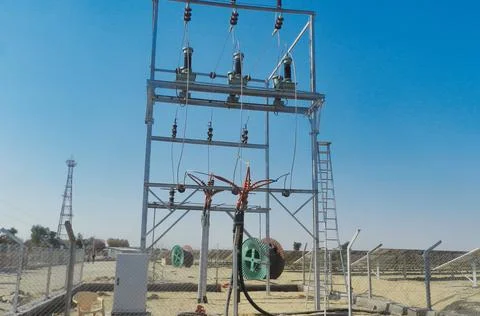 11 kV Four Pole Structure for transmission line used for solar plant Stock Photos